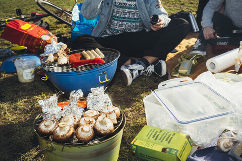 Young people having a barbecue in park stock photo