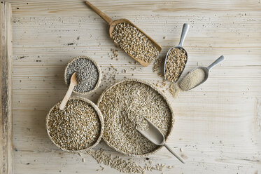 Organic wheat, rye shot, amaranth, spelt, buckwheat and oat on shovels and on wood, from above - ASF06324