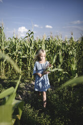 Blondes Mädchen in einem Maisfeld stehend - EYAF00037