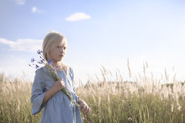 Blond girl holding cornflowers in a field - EYAF00038