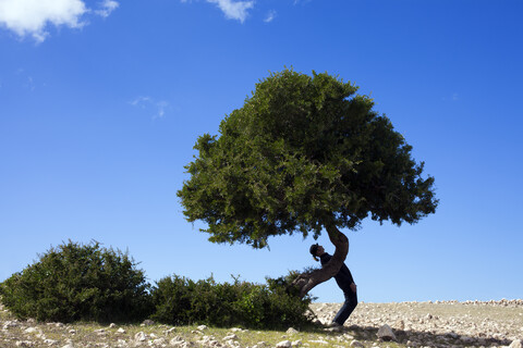 Morocco, Sidi Kaouki, man wearing a bowler hat standing crooked at a tree stock photo