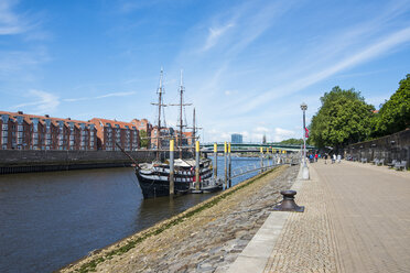 Germany, Bremen, Admiral Nelson sailing boat, restaurant ship on the Weser river - RUNF01608