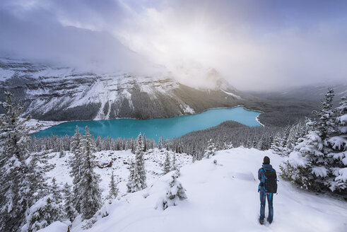 Canada, Alberta, Banff National Park, Peyto Lake, man enjoying view - EPF00583