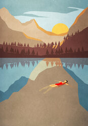 Gelassene Frau schwimmt auf dem Rücken in einem ruhigen Bergsee - FSIF03778
