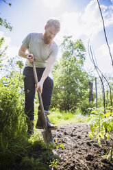 Mann mit Bart gräbt mit Schaufel im sonnigen Garten - FSIF03839