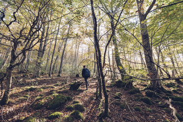 Spanien, Navarra, Wald von Irati, junge Frau geht im üppigen Wald spazieren - RSGF00136