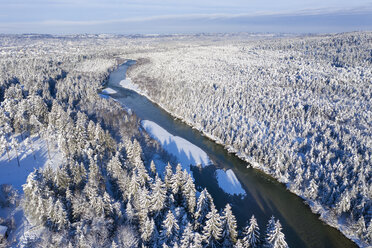 Germany, Bavaria, aerial view over Isar river and Isar floodplains betwenn Geretsried and Wolfratshausen in winter - SIEF08472