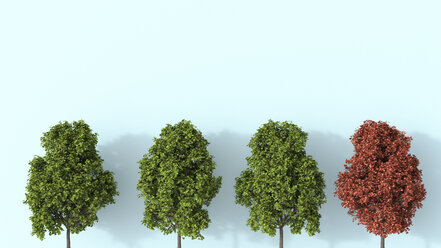 3D-Rendering, Reihe von grünen Sommerbäumen mit einem autunalen Baum - UWF01532