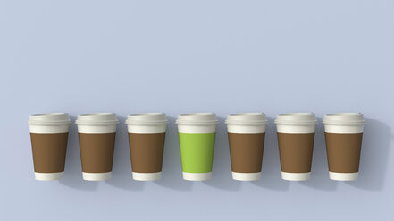3D-Rendering, Reihe von Einweg-Kaffeebechern mit einem grünen Außenseiter - UWF01541