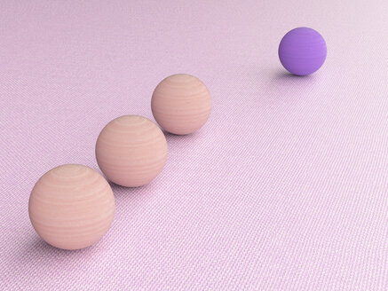 3D-Rendering, Lila Holzkugel, gefolgt von drei rosa Kugeln - UWF01548