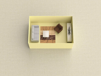 3D-Rendering, Miniatur-Wohnzimmer in einer Schachtel - UWF01551