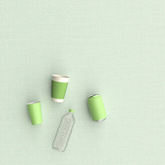 3D-Rendering, Plastikbecher, Dose und Flasche auf grünem Hintergrund - UWF01563