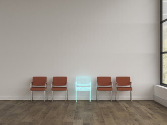 3D-Rendering, Hologramm eines Stuhles in einem modernen Raum mit einer Reihe von verschiedenen Stühlen - UWF01566