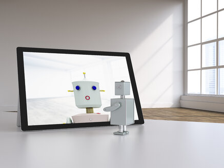 3D-Rendering, Roboterpaar beim Video-Chat in einem modernen Loft - UWF01570