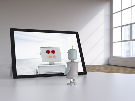 3D-Rendering, Roboterpaar beim Video-Chat in einem modernen Loft - UWF01572