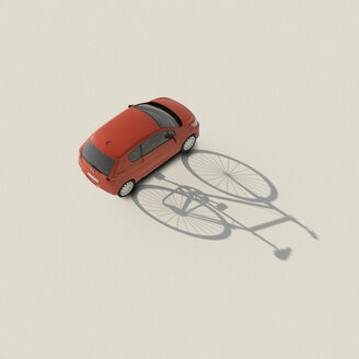 3D rendering, Red car casting shadow of a bicycle - UWF01575