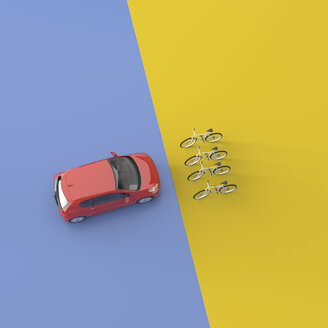 3D rendering, Red car facing four bicycles - UWF01578