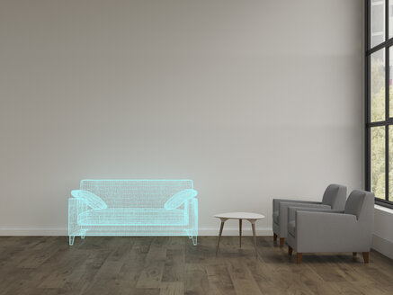 3D-Rendering, Hologramm einer Couch in einem modernen Wohnzimmer mit Sesseln - UWF01580