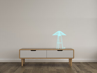 3D rendering, Hologram of table lamp on sideboard in modern room - UWF01581