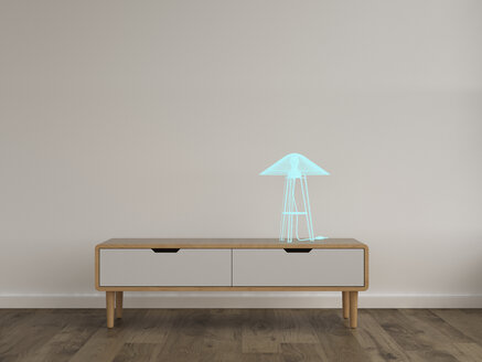 3D-Rendering, Hologramm einer Tischlampe auf einem Sideboard in einem modernen Raum - UWF01581