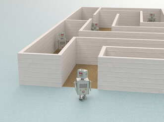 3D-Rendering, Spielzeugroboter verlässt ein Labyrinth - UWF01586