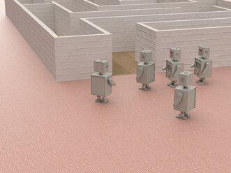 3D rendering, Toy robots standing at the entrance of a maze - UWF01587