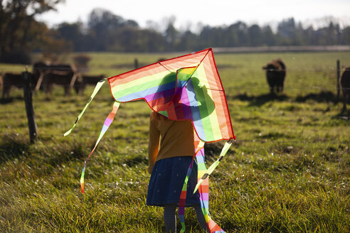 Rear view of girl in field with kite - GAF00132