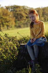 Redheaded girl sitting on a tree stump - GAF00134
