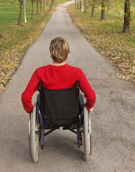 Rückansicht eines Teenagers im Rollstuhl auf einem Weg - WWF04915