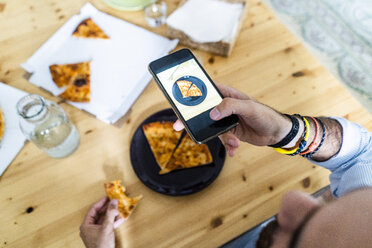 Person taking smartphone picture of a piece of pizza on a plate - GIOF06091
