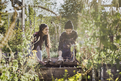 Glückliches Paar bei der gemeinsamen Gartenarbeit im städtischen Garten, lizenzfreies Stockfoto