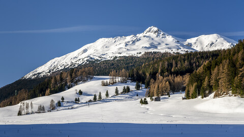 Schweiz, Graubünden, Italien, Südtirol, Piz Lad am Reschenpass im Winter, lizenzfreies Stockfoto