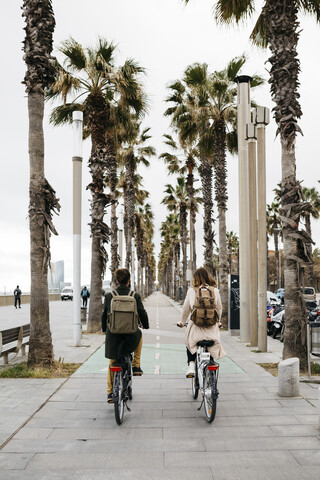 Rear view of couple riding e-bikes on a promenade stock photo