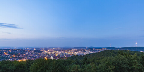 Germany, Baden-Wuerttemberg, Stuttgart, Cityscape with TV Tower at blue hour, View from Birkenkopf stock photo