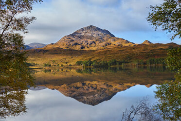 Tranquil mountain landscape mirror imaged in loch, Achnasheen, Scottish Highlands, Scotland - CUF50080