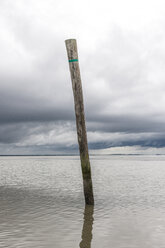 Deutschland, Nessmersiel, Holzpfahl im Meer - EGBF00298