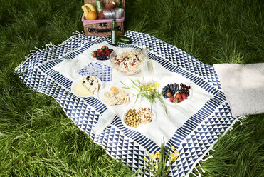 Healthy picnic snacks on a blanket in grass - IGGF00975