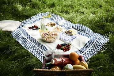 Healthy picnic snacks on a blanket in grass - IGGF00978