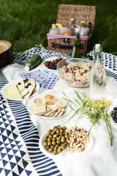 Healthy picnic snacks on a blanket in grass - IGGF00982