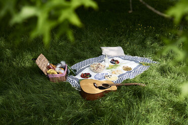 Gesunde Picknick-Snacks und eine Gitarre auf einer Decke in einem Park - IGGF00983