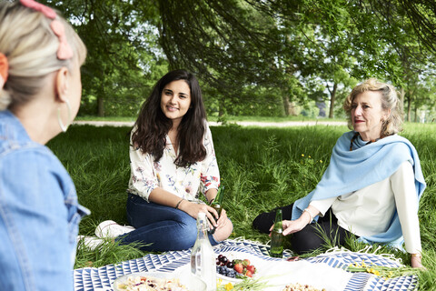 Frauen unterhalten sich bei einem Picknick im Park, lizenzfreies Stockfoto