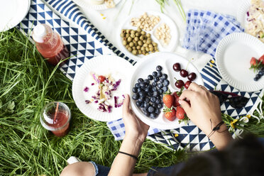 Top view of woman eating berries at a picnic in park - IGGF00993