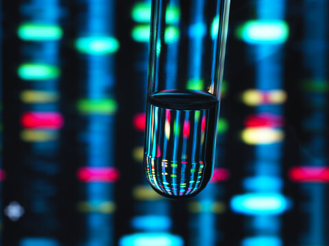 Genetische Forschung, DNA-Profil, das sich in einem Reagenzglas mit einer Probe widerspiegelt, lizenzfreies Stockfoto