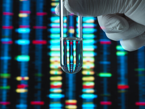 Genetische Forschung, DNA-Profil, das sich in einem Reagenzglas mit einer Probe widerspiegelt, lizenzfreies Stockfoto