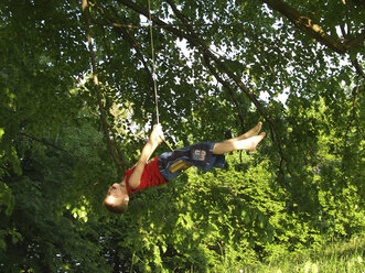 Junge schwingt an einem Seil im Baum - WWF05039