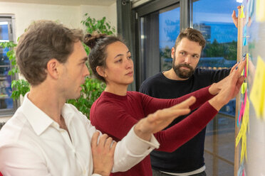 Mid adult business team discussing sticky notes on office whiteboard - CUF50156