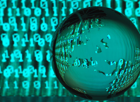 Global Cyber Crime, Glass globe illustrating the US with reflections of a infected cyber attack - ABRF00357