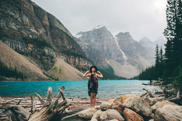 Woman enjoying view, Moraine Lake, Banff, Canada - ISF21095