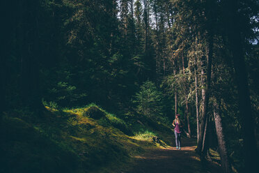 Hiker exploring forest, Johnston Canyon trail, Banff, Canada - ISF21114