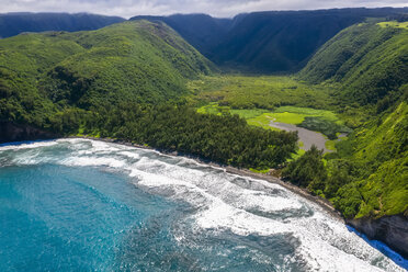 USA, Hawaii, Big Island, Pacific Ocean, Pololu Valley Lookout, Pololu Valley and Black Beach, Aerial View - FOF10611